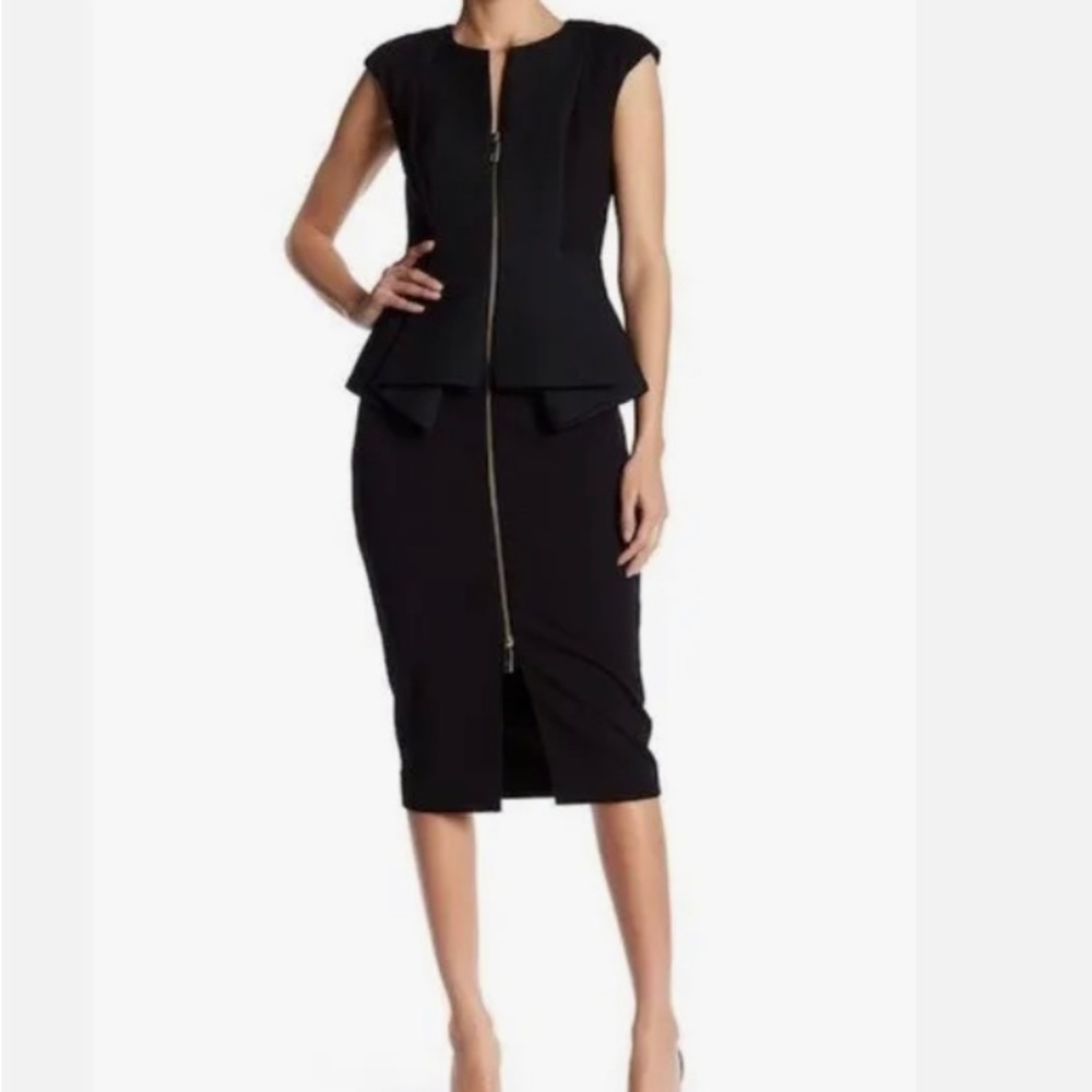 Ted Baker Black Janthun Structured Peplum Dress Size 8 US Front Zipper EUC